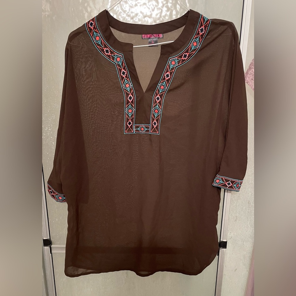 Shear Brown Embroidered Women's Top